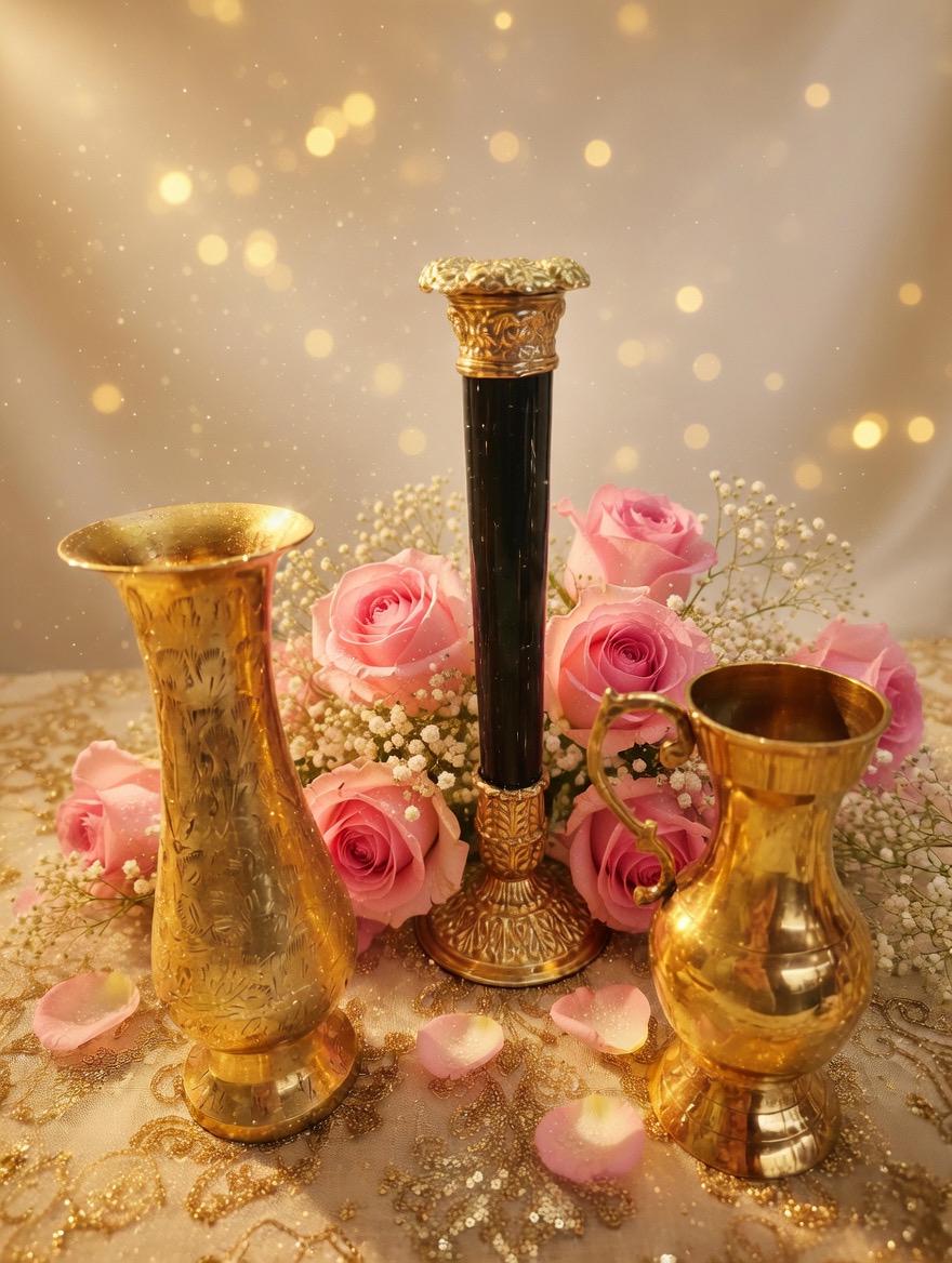 Vintage Brass Decor Collection — Marble Candlestick, Vase & Pitcher