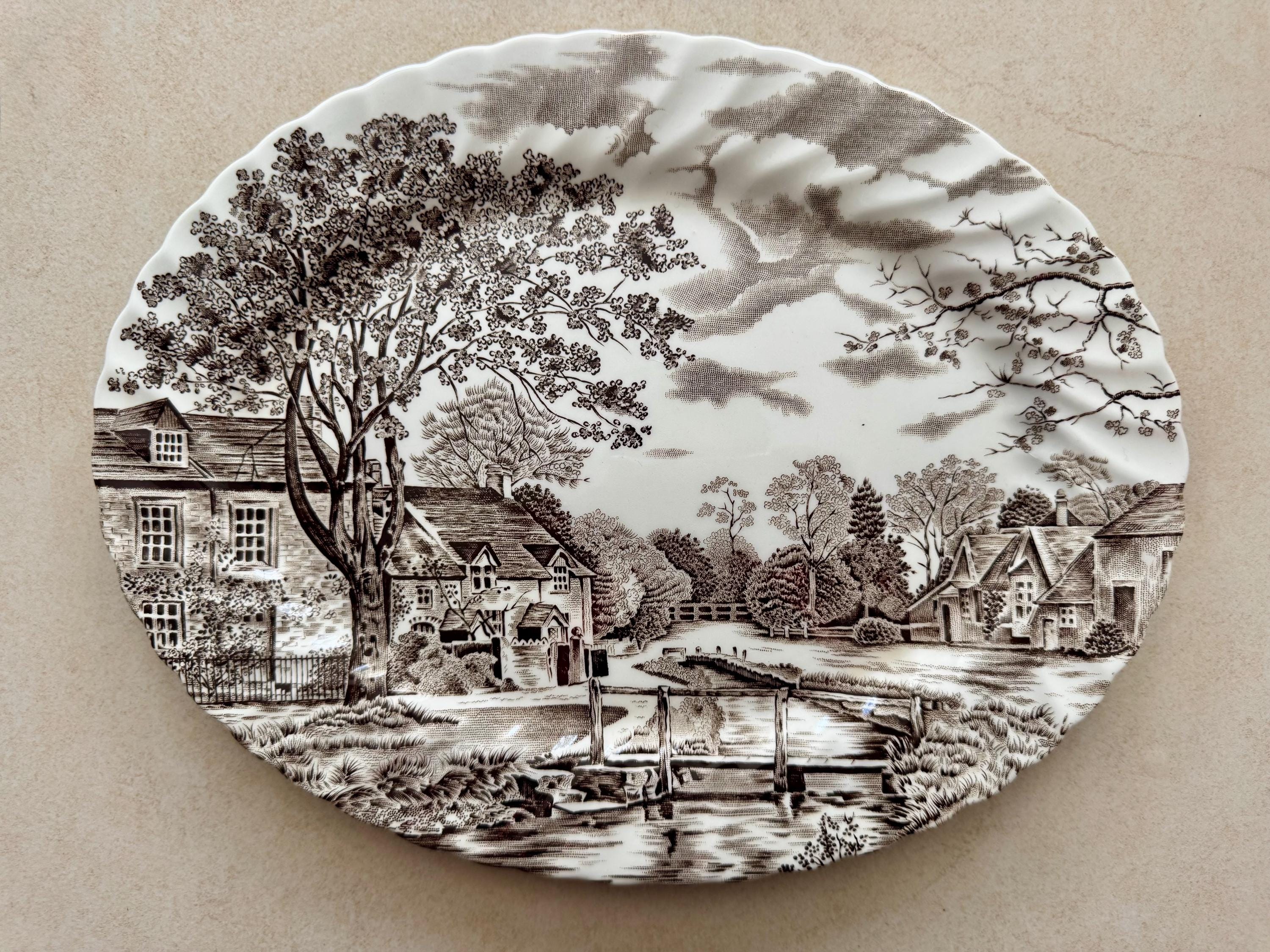 Vintage Brown Transferware Wall Gallery Plate Set or Oil Art —Cottagecore Wall Decor — 7 Plates