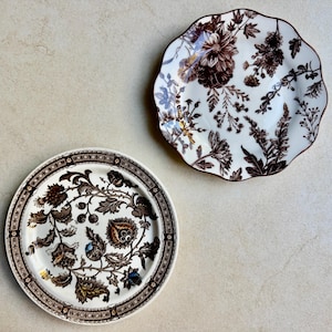 May include: Two ceramic plates with brown floral patterns. One plate features a scalloped edge with a dense botanical print, while the other has a smooth circular rim and a detailed central design with brown, blue, and gold accents.