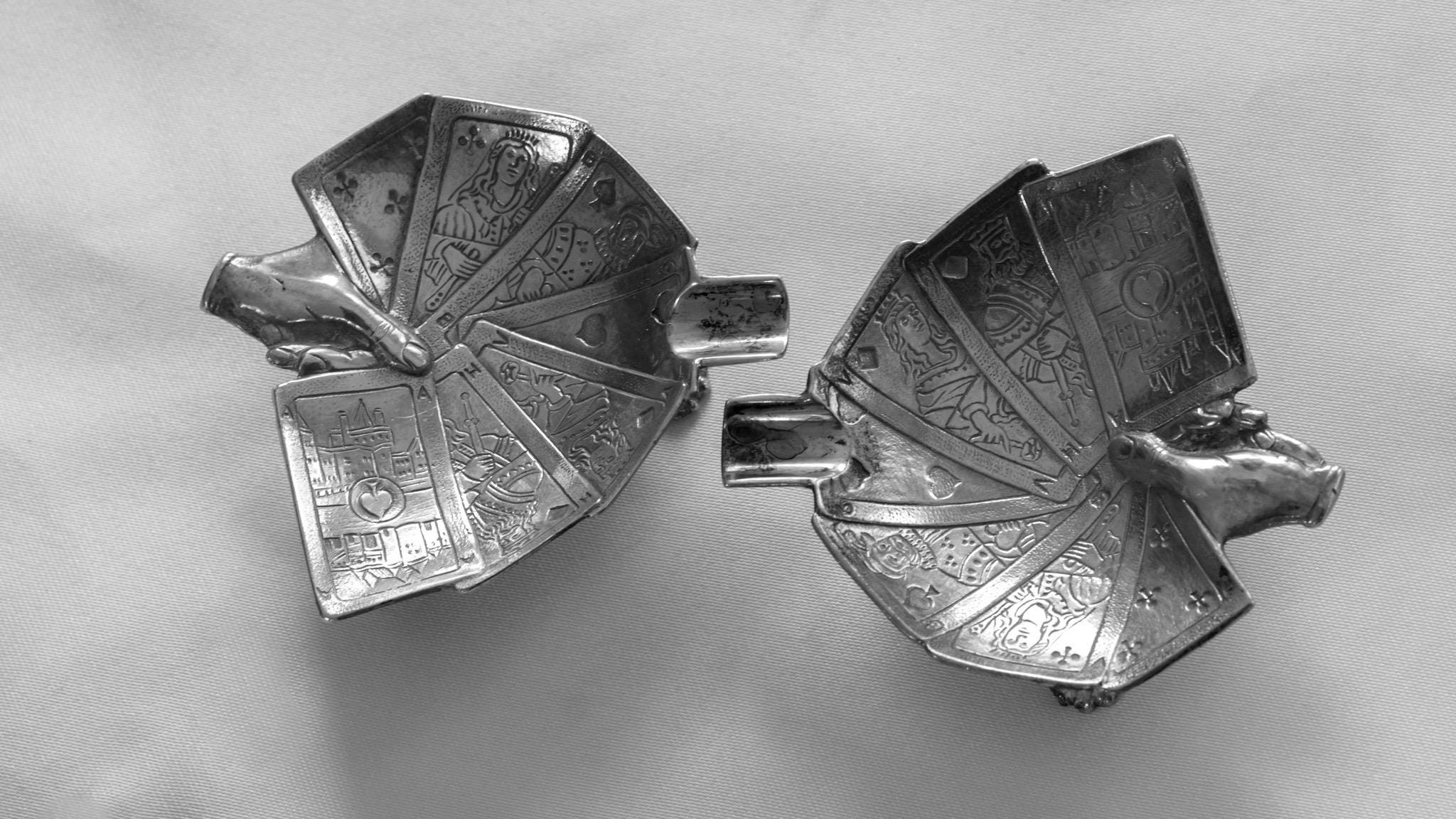 Rare Mid-Century European Sculptural Silver-Plated Playing Card Ashtrays — Pair — c.1950s