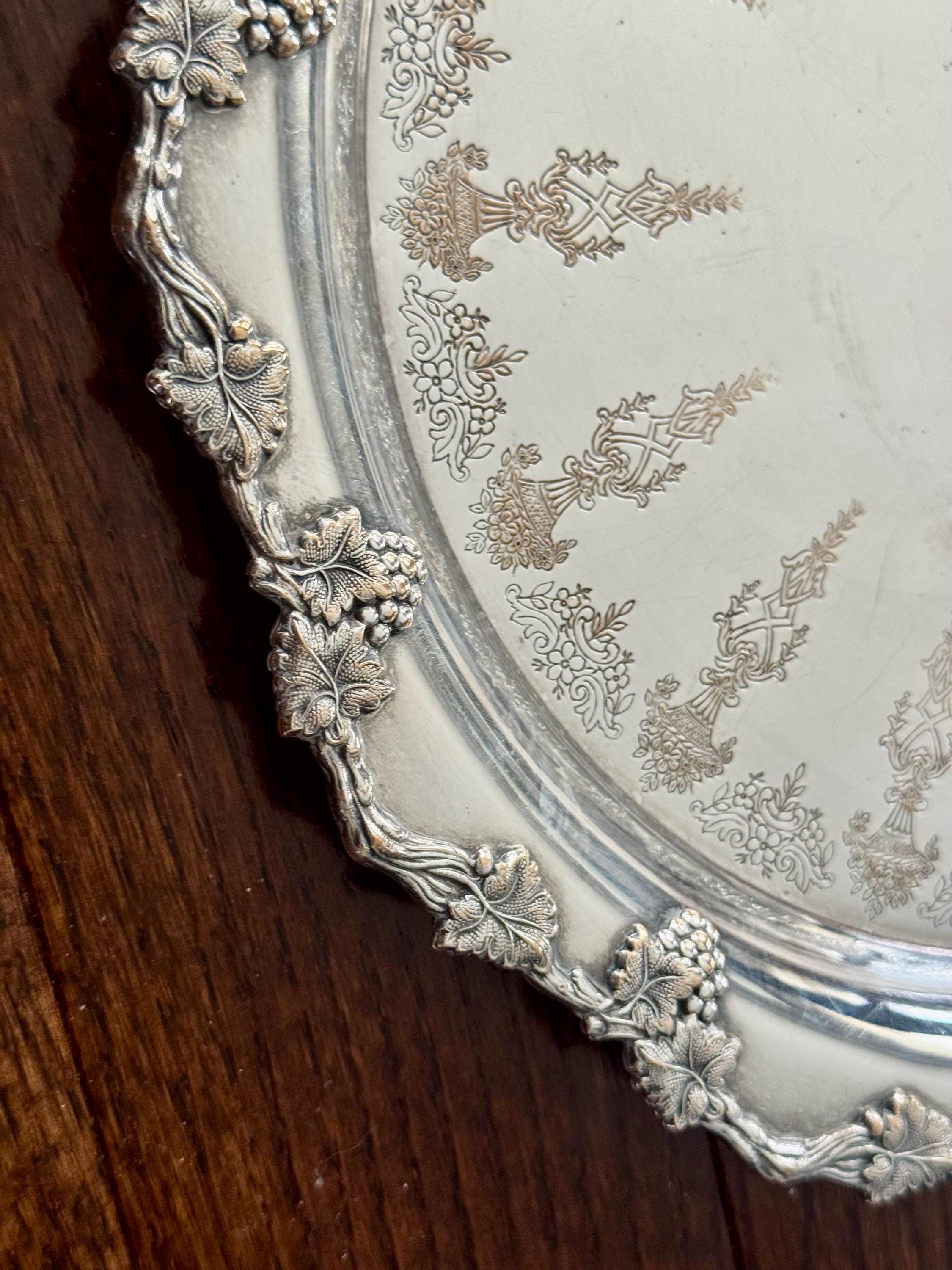 Vintage Roden Brothers Silverplate Tray | 12” Grape Vine E.P. on Copper Heavy Serving Tray