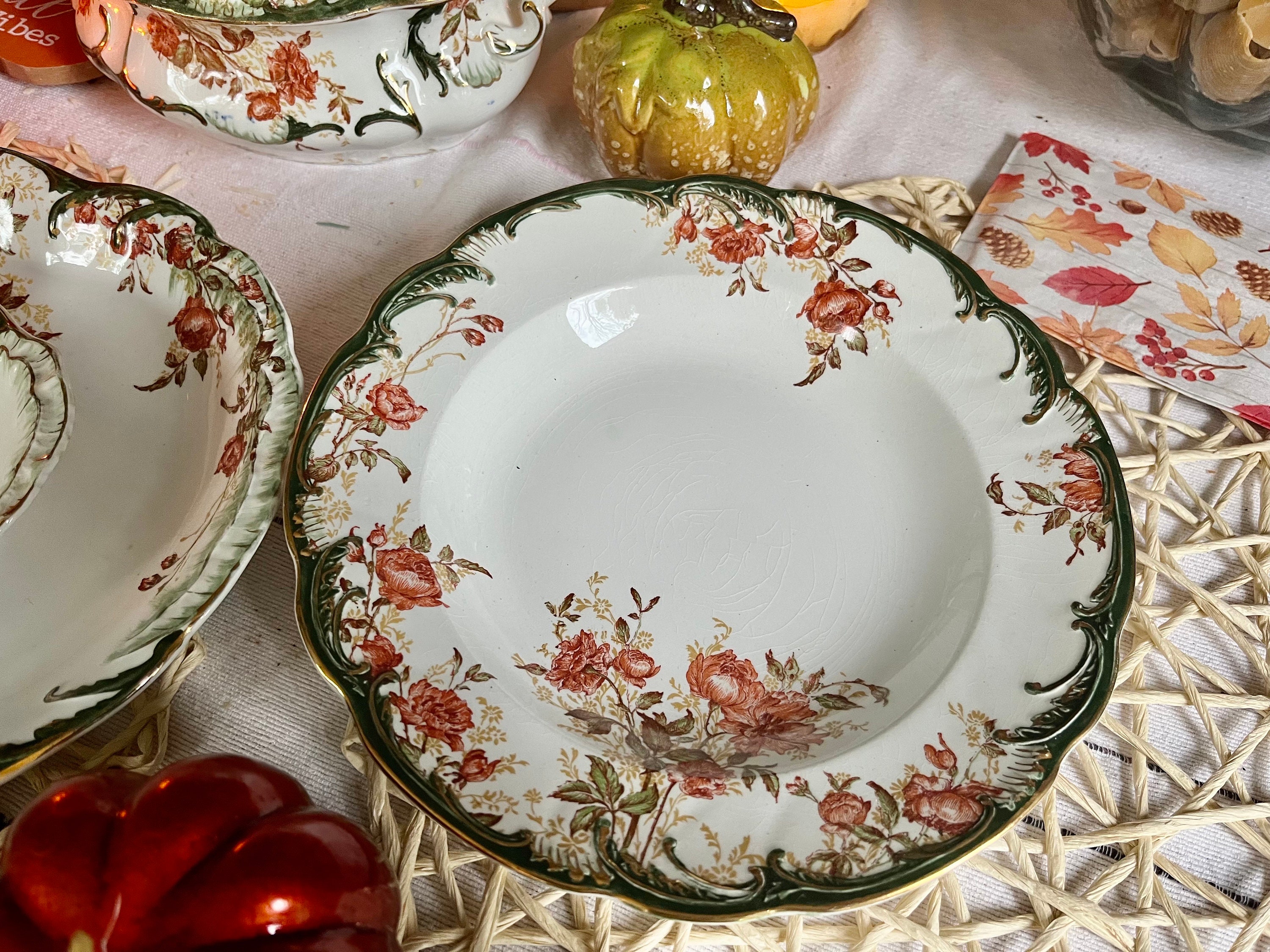 Antique Ridgway England Floral Dining Ensemble: Green & Gold, 6-Piece Set