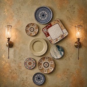 May include: A collection of eight decorative plates arranged on a wall between two brass wall sconces. The plates feature various patterns including blue and white geometric designs, floral motifs, and a square plate with painted flowers.