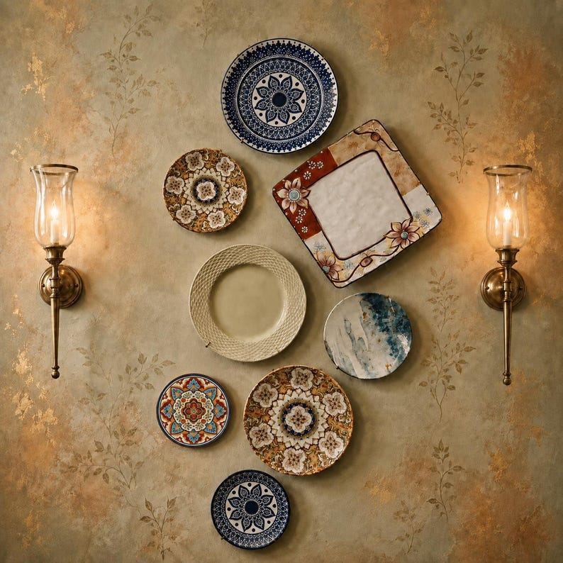 May include: A collection of eight decorative plates arranged on a wall between two brass wall sconces. The plates feature various patterns including blue and white geometric designs, floral motifs, and a square plate with painted flowers.