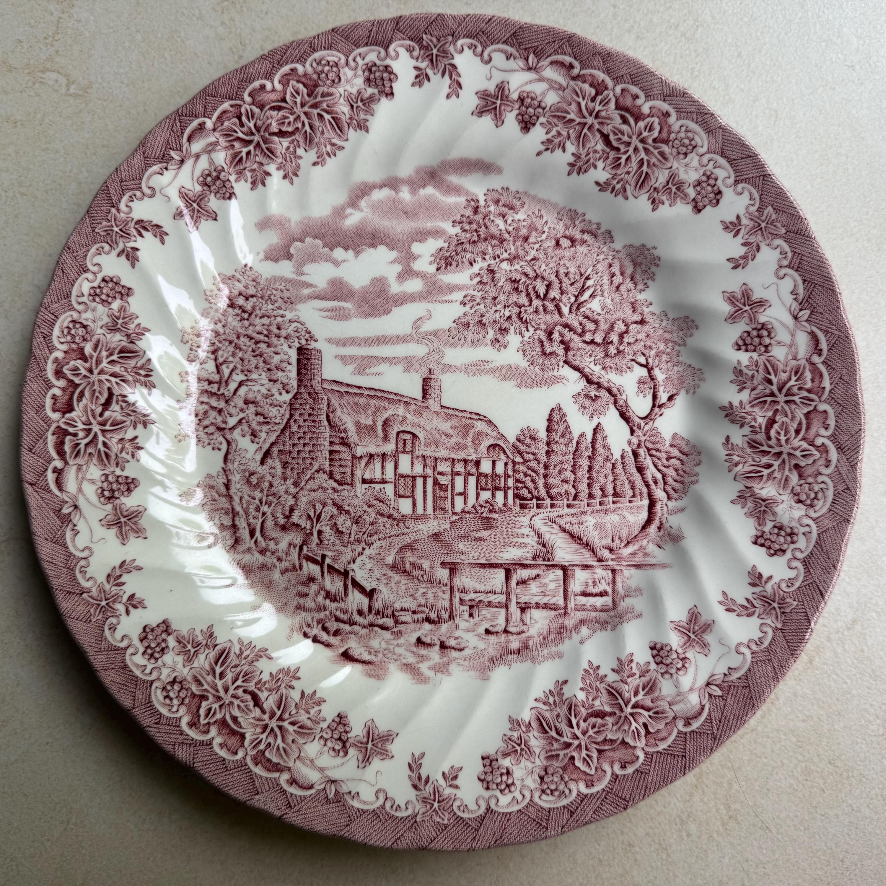 Vintage Red Green Transferware Plate Set: Eclectic Cottagecore Wall Gallery