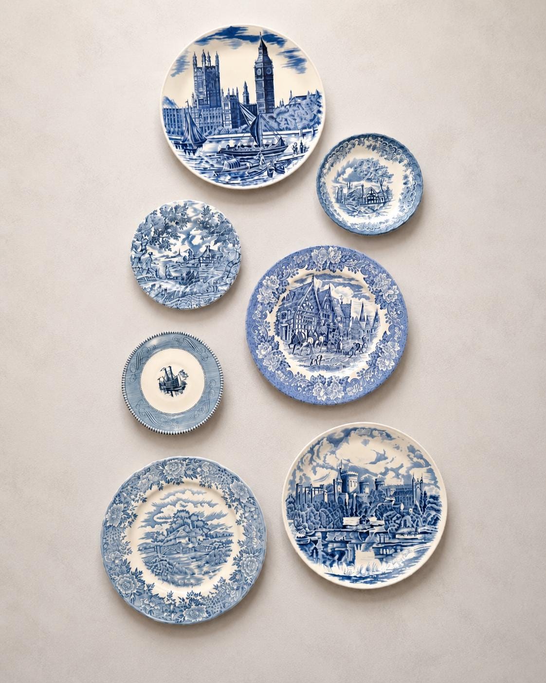 Vintage Blue & White Transferware Plates – English Countryside Scenes, Set of 7