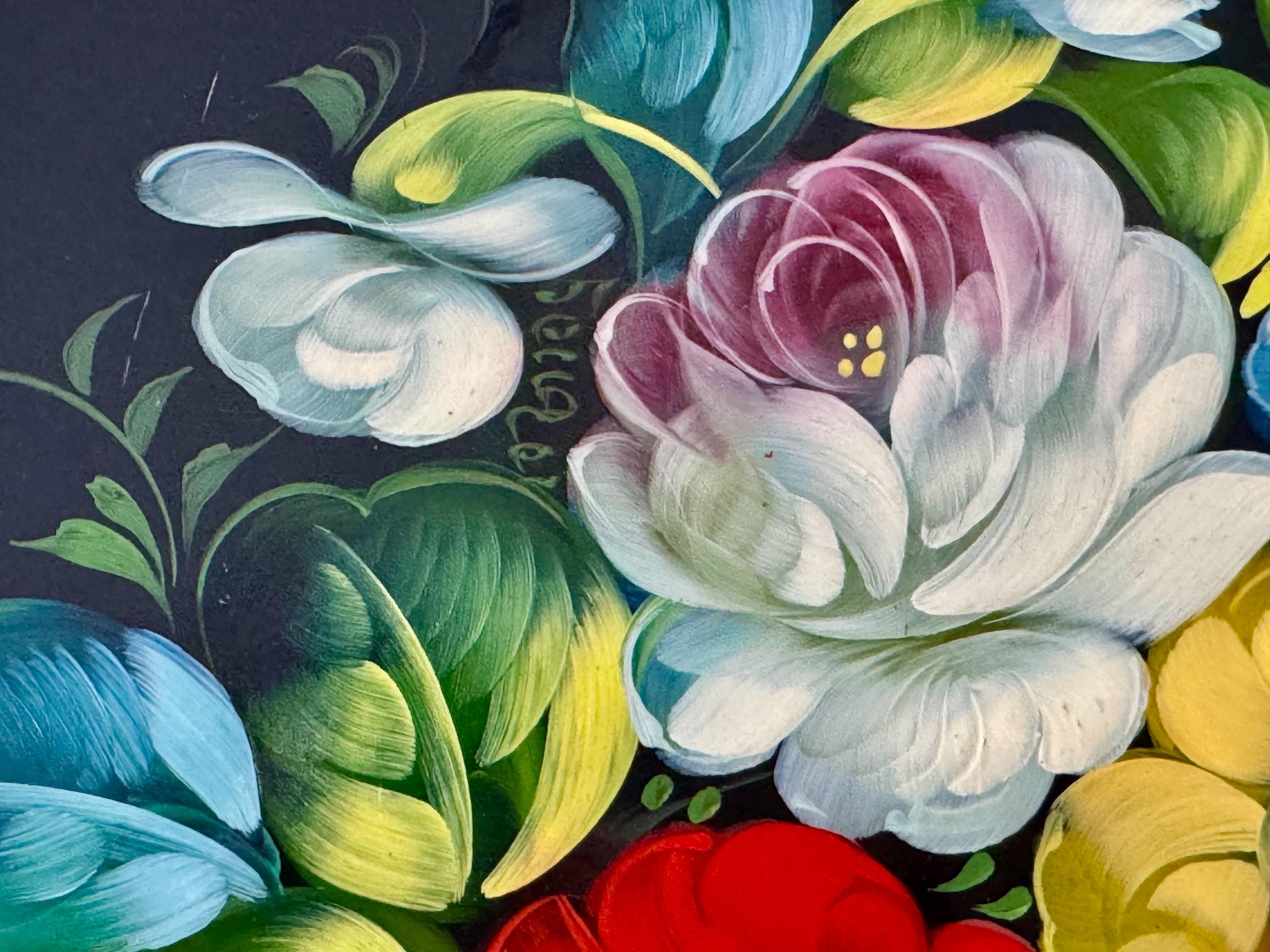 Vintage Soviet Hand-Painted Floral Tray – Zhostovo Style – Black Lacquer Metal – USSR Folk Art