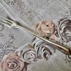 May include: A silver fork with three tines, lying on a floral patterned fabric. The fabric features roses in shades of pink and gray, with decorative scrollwork. The fork has a long, slender handle.