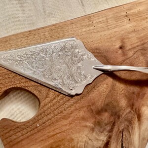 K&ouml;nnte beinhalten: Ein silberfarbener Tortenheber aus Metall mit einer dreieckigen Klinge, die ein komplexes, eingraviertes Rankenmuster auf der Oberfl&auml;che aufweist, sowie einem glatten, geschwungenen Griff, der von der Klingenbasis nach rechts verl&auml;uft.