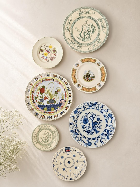 Vintage Mixed Wall Plate Gallery Set Of 7 — Italian Faenza Garofano, Riviera Japan, Royal Albert, Foley, Queen’s Finland & Blue Onion