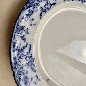 Puede incluir: Un plato de cer&aacute;mica blanco con un dise&ntilde;o floral azul alrededor del borde. El plato tiene un borde festoneado y un acabado brillante. El patr&oacute;n floral incluye hojas y flores.