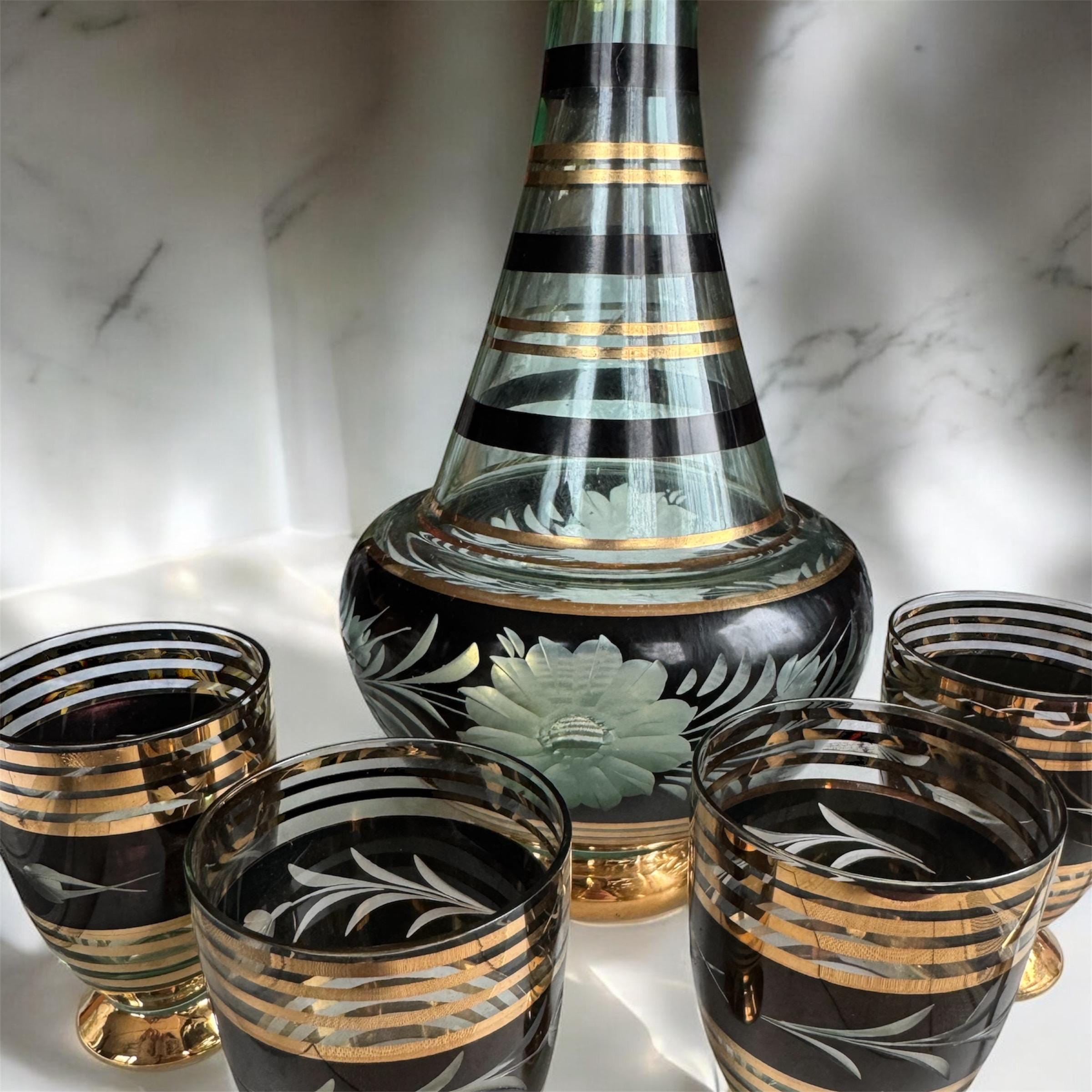 Vintage Bohemia Glass Decanter Set: Hand-Painted 22K Gold, Czechoslovakia