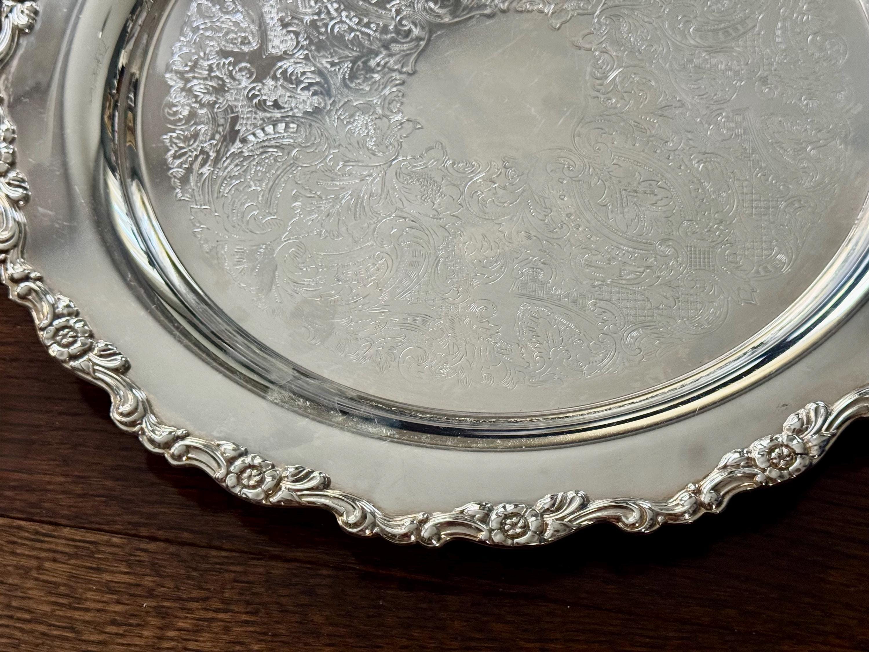 Vintage Oneida USA Silverplate Heavy Serving Tray | 15 1/4” Ornate Floral Round Platter