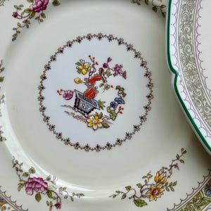 Puede incluir: Un plato de porcelana blanca con un borde verde y un dise&ntilde;o floral. El centro del plato presenta un dise&ntilde;o floral estilizado con un &aacute;rbol en una maceta.