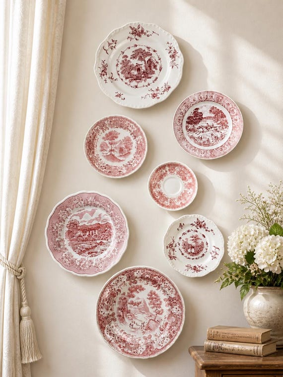 Vintage Red Transferware Plate Collection: English Country Scenery, Set of 7