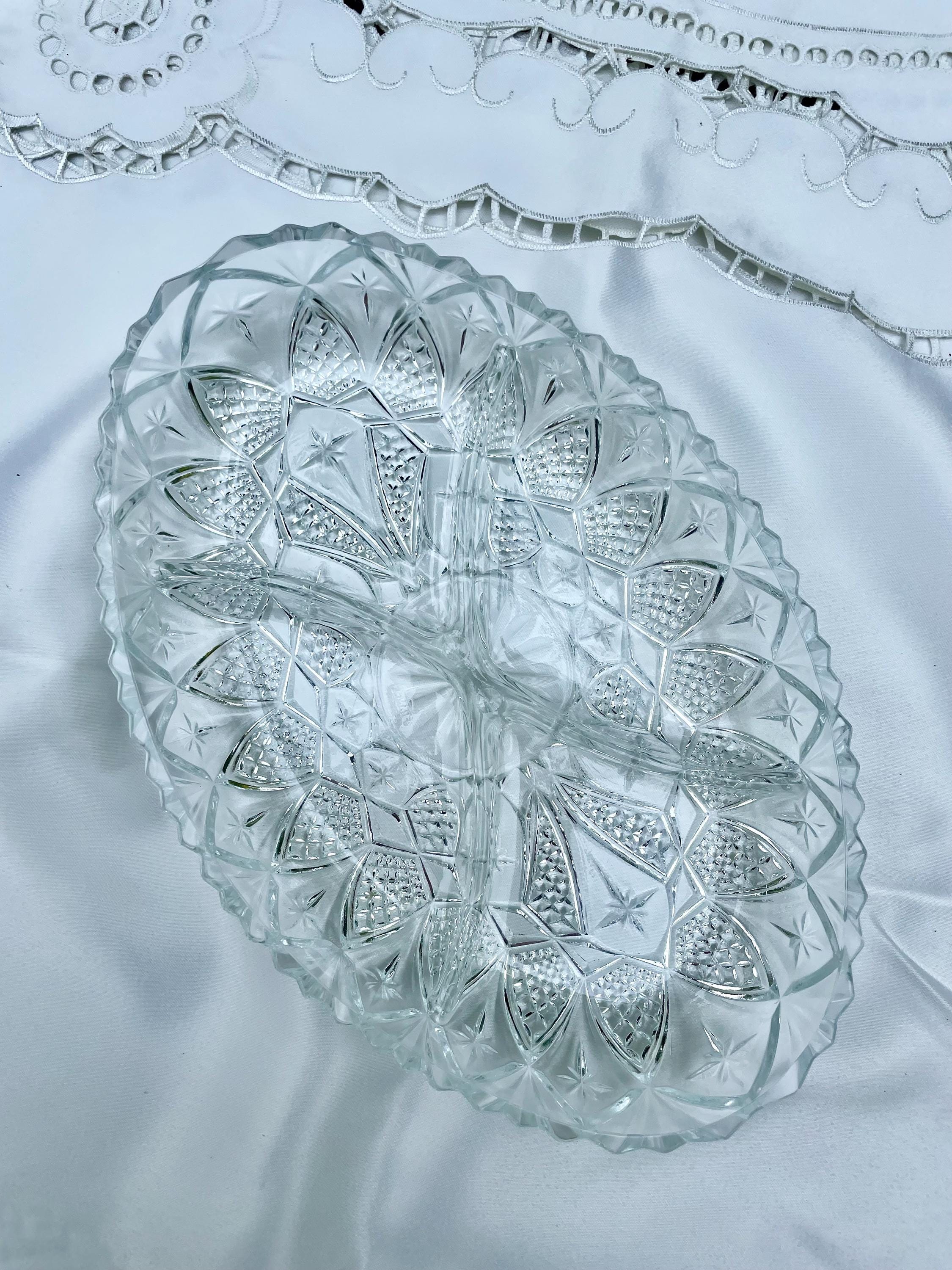 Vintage Pressed Glass Divided Relish Dish – Starburst & Diamond Pattern – Made in France