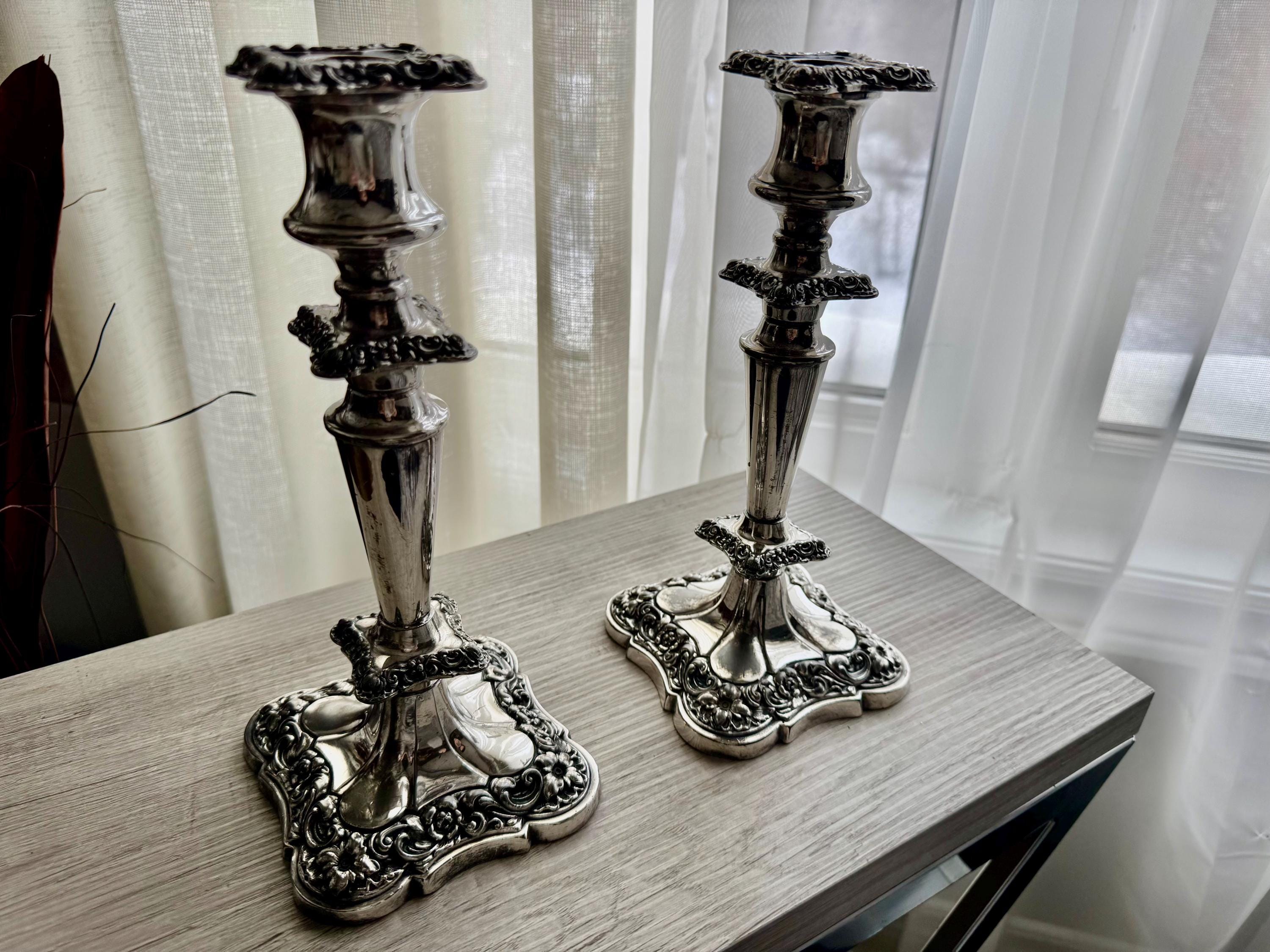 Elegant Silver-Plated Candle Holders – Ornate Vintage Charm — Candlesticks Extra Tall 13.5”