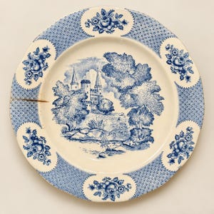 Puede incluir: Un plato redondo de cer&aacute;mica con un patr&oacute;n de transferencia azul y blanco. El centro representa un paisaje de castillo con &aacute;rboles y animales. El borde est&aacute; decorado con motivos florales y una textura punteada. Una grieta horizontal es visible a la izquierda.