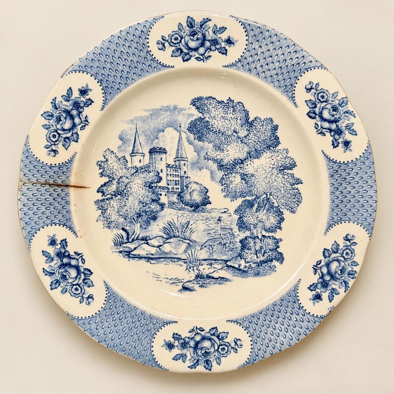 Puede incluir: Un plato redondo de cer&aacute;mica con un patr&oacute;n de transferencia azul y blanco. El centro representa un paisaje de castillo con &aacute;rboles y animales. El borde est&aacute; decorado con motivos florales y una textura punteada. Una grieta horizontal es visible a la izquierda.