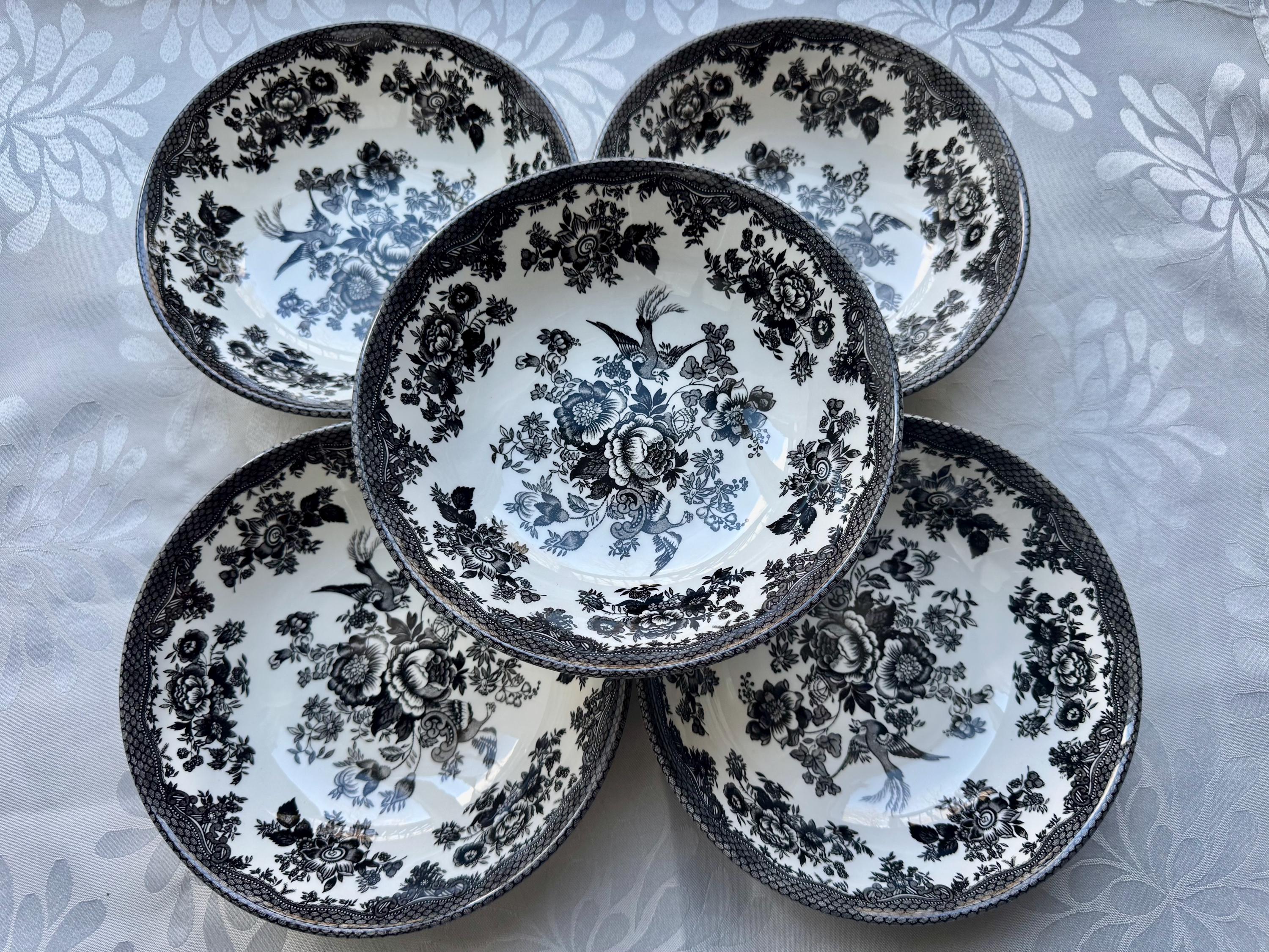 Royal Stafford Asiatic Pheasant Plates or Bowls - Black Transferware Set