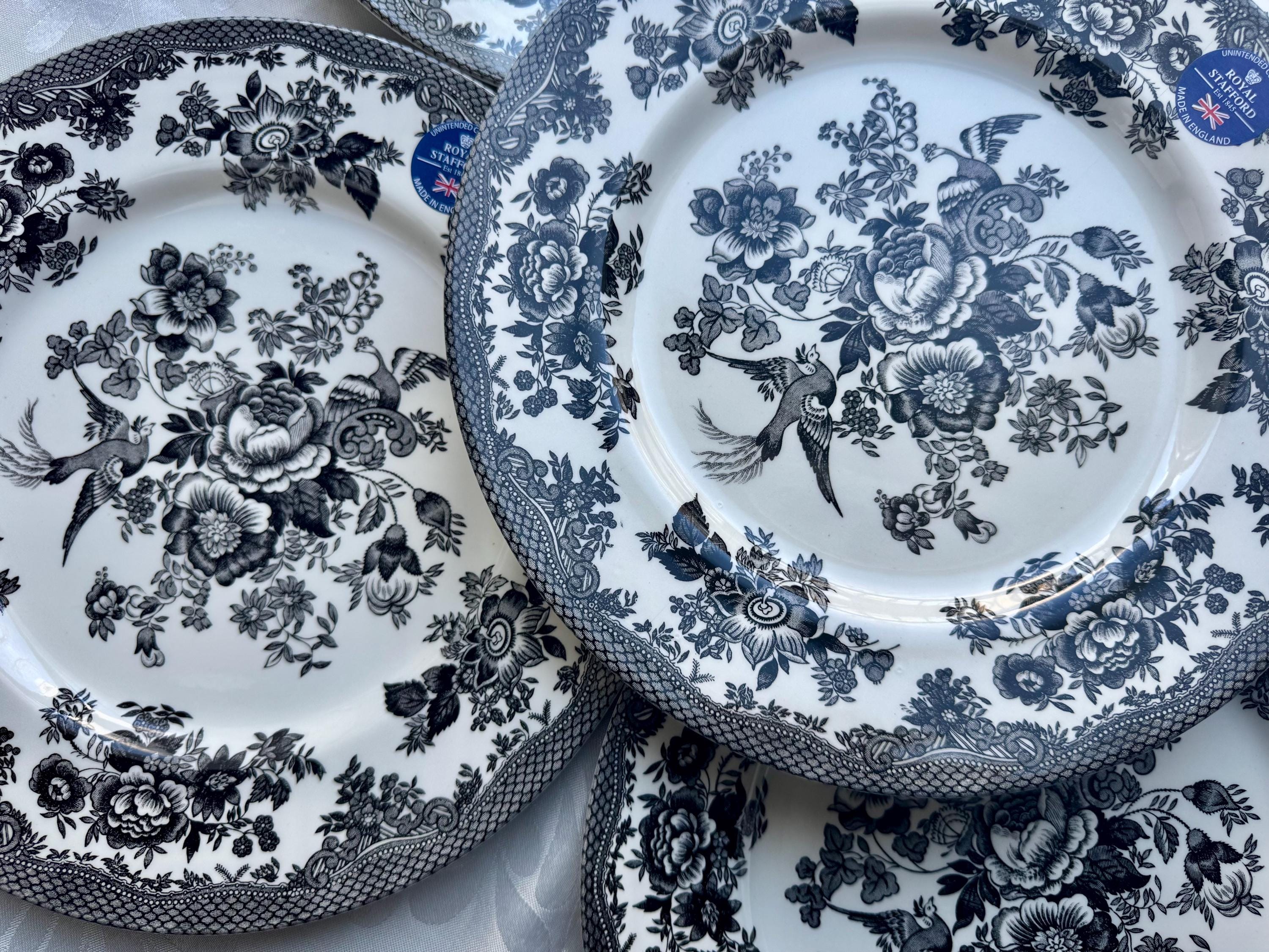 Royal Stafford Asiatic Pheasant Plates or Bowls - Black Transferware Set