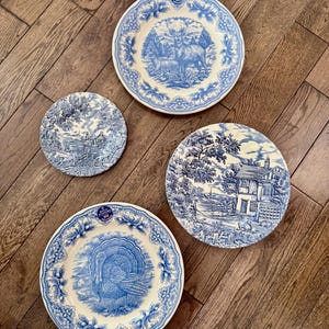 Vintage Blue & White Transferware Plate Set – English Countryside Scenes, Set of 4 image 5