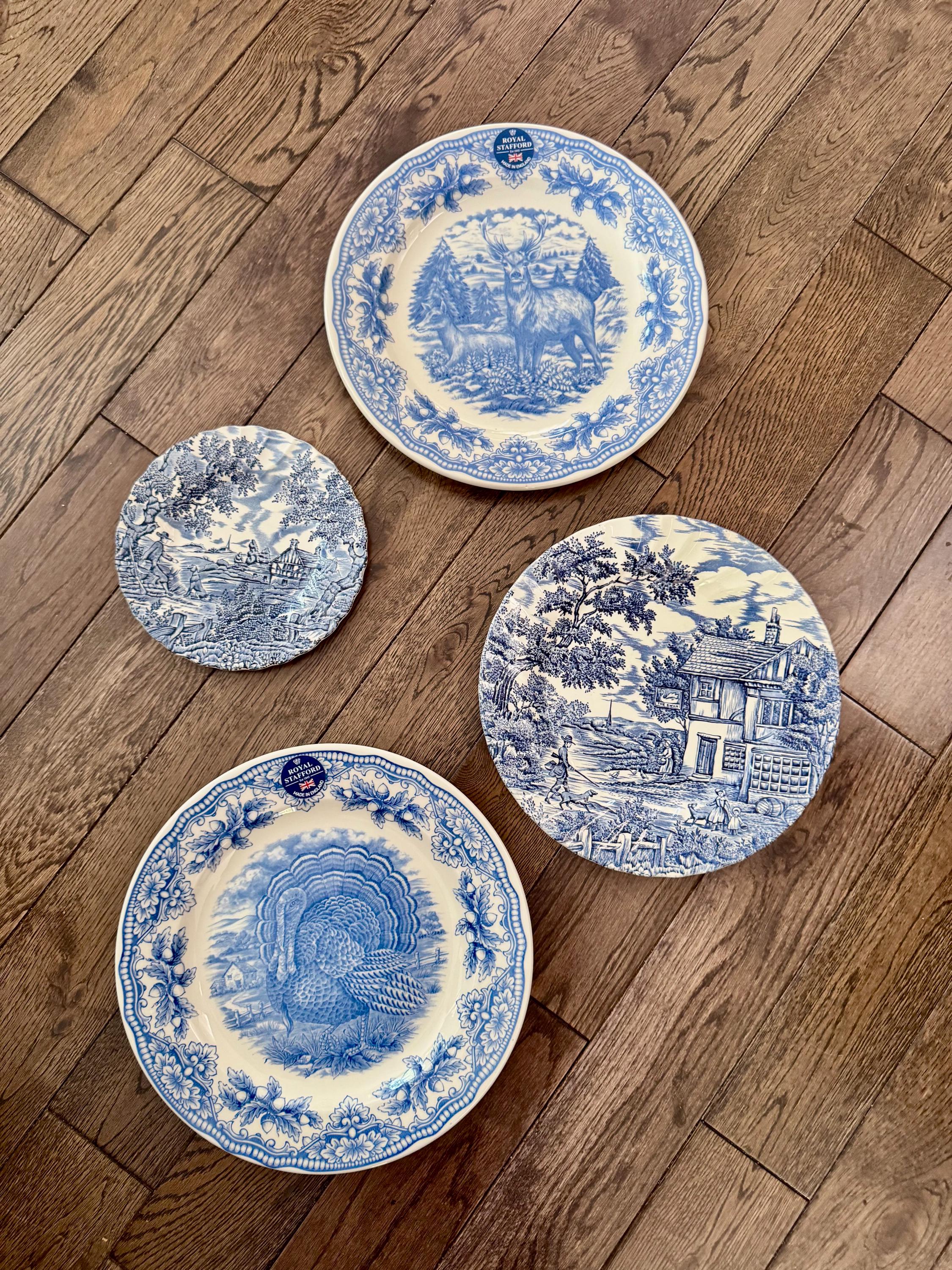 Vintage Blue & White Transferware Plate Set – English Countryside Scenes, Set of 4
