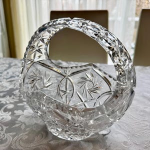 Vintage Heavy Cut Crystal Basket with Handle – Pinwheel & Starburst Pattern, Candy Dish, Wedding Centerpiece, Choose Your Favorite B Triangular Edge 8”