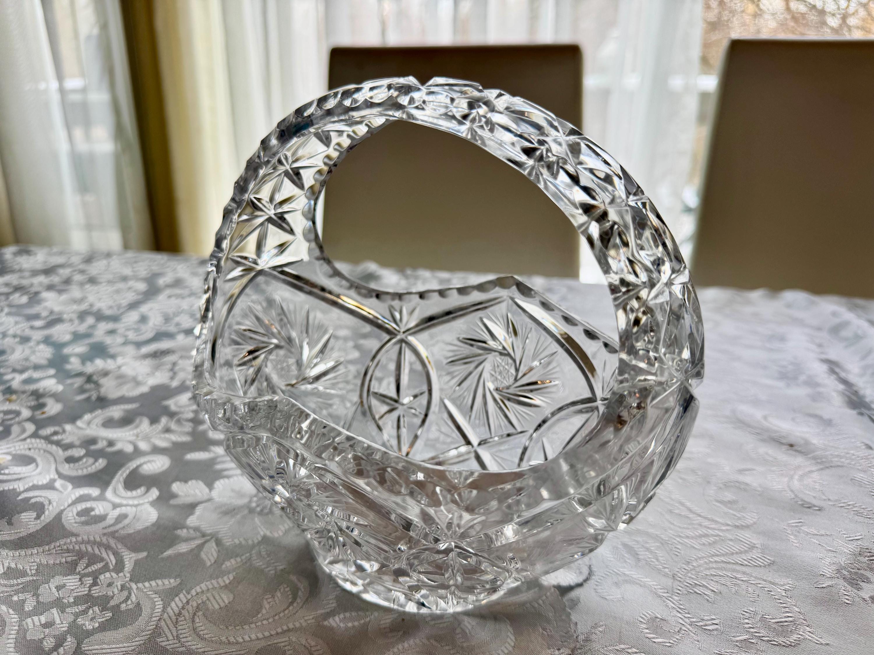 Vintage Heavy Cut Crystal Basket with Handle – Pinwheel & Starburst Pattern, Candy Dish, Wedding Centerpiece, Choose Your Favorite