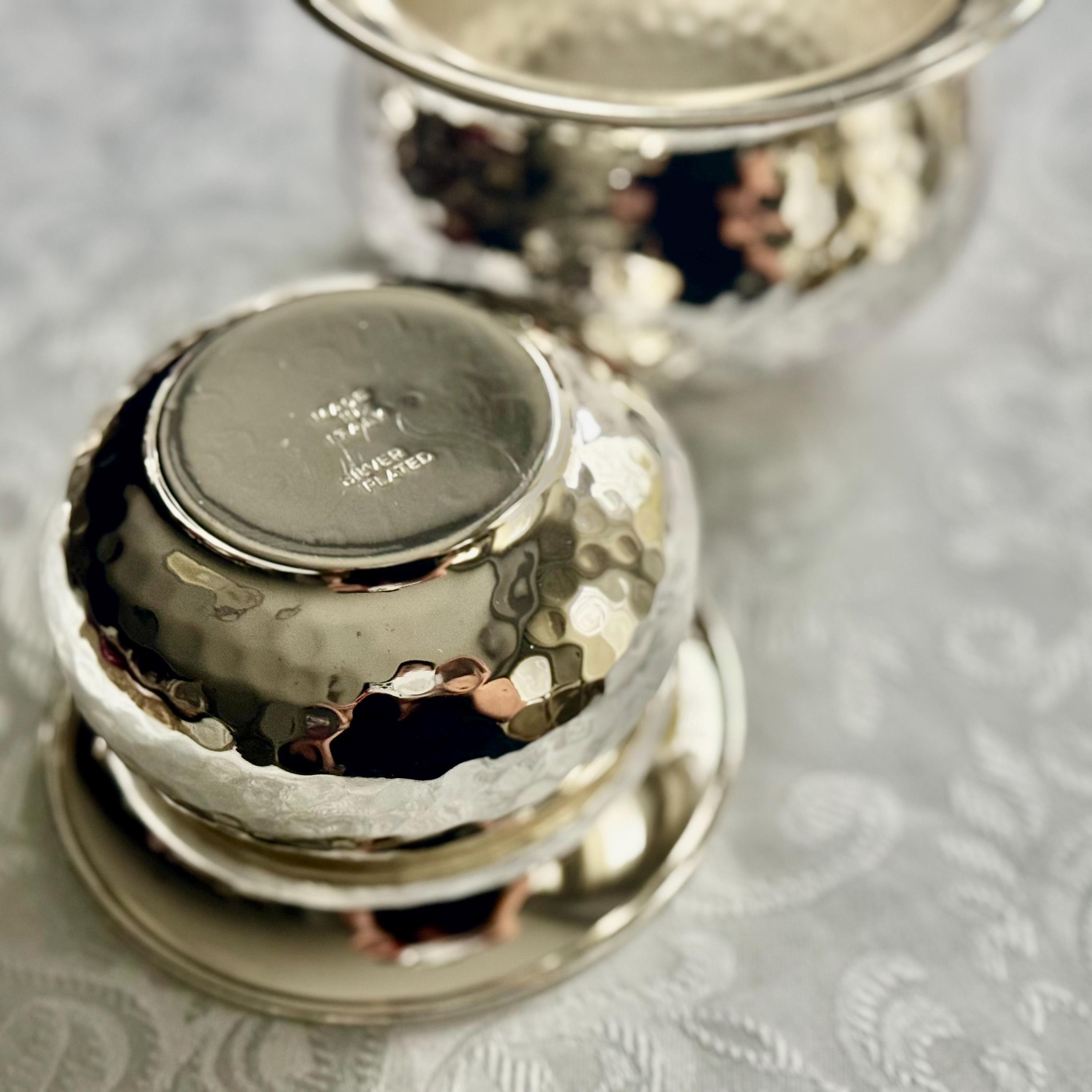 Italian Hammered Silverplate Bowls or Planters — Polished Reflective Vintage Pair