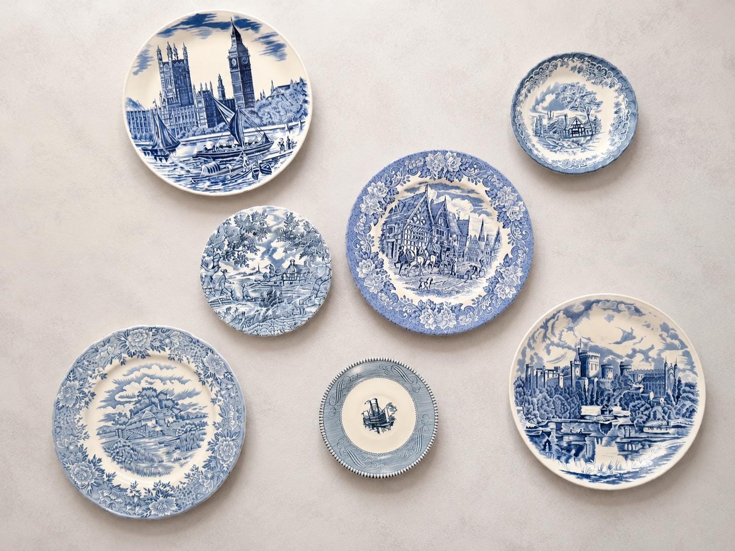 Vintage Blue & White Transferware Plates – English Countryside Scenes, Set of 7