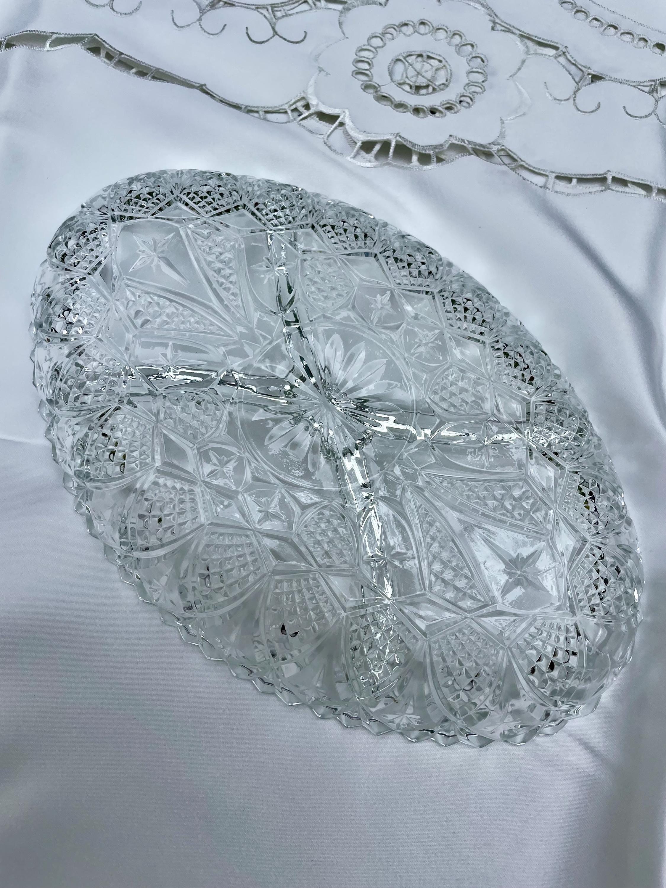 Vintage Pressed Glass Divided Relish Dish – Starburst & Diamond Pattern – Made in France