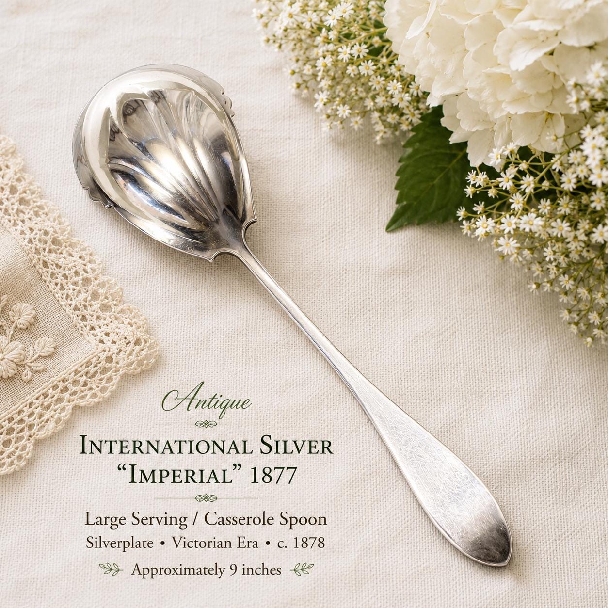 Antique International Silver “Imperial” 1877 Silverplate Large Serving Spoon – Victorian Casserole / Vegetable Spoon – 9”