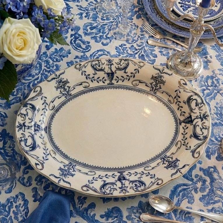 Large Impressive Antique W. Adams Co. “Vase” –  English Semi-Porcelain Blue & White Oval Serving Platter