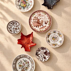 May include: A collection of ceramic plates and dishes including two leaf-shaped bowls in dark brown and red, a plate with a windmill scene, and several plates featuring floral patterns in various colors and brown monochromatic designs.