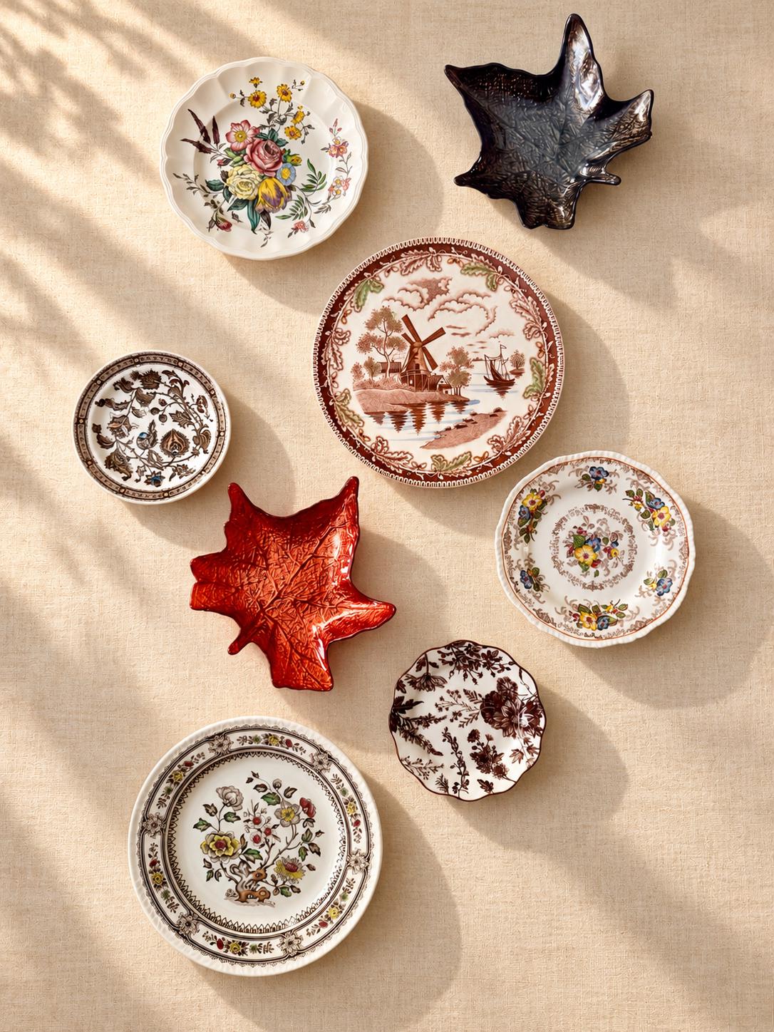Vintage Autumn Wall Plate Gallery – 8 Piece Mixed Transferware & Leaf Dish Collection – Brown Floral, Windmill, Maple Leaf Decor