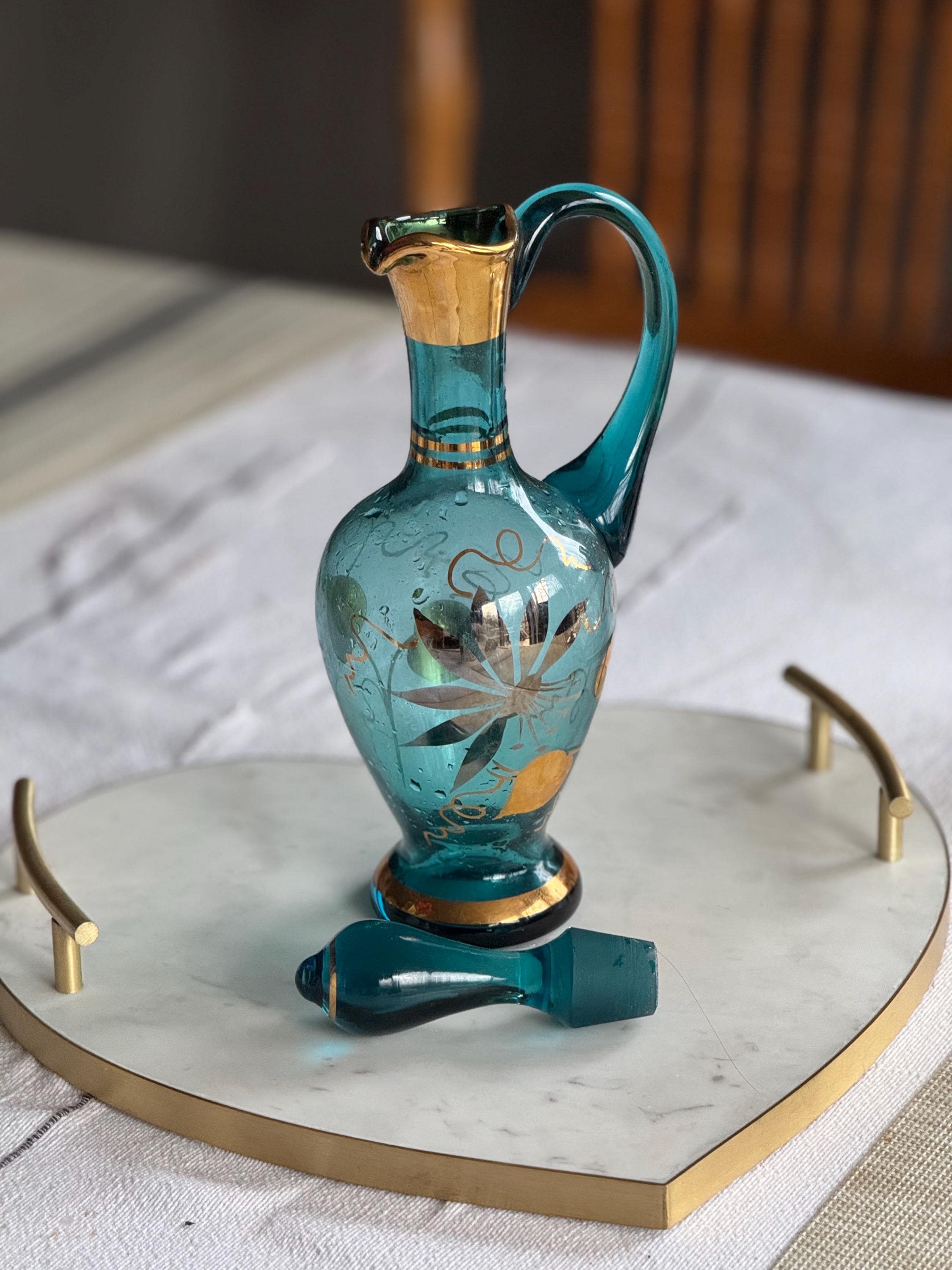 Vintage Bohemia Glass Decanter: Teal Blue, 22K Gold Floral Ewer