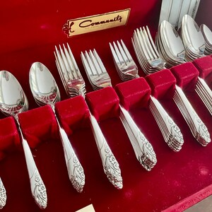 May include: A set of Community silverware, including spoons, forks, and knives, arranged in a red velvet-lined box. The silverware has a floral design on the handles and is displayed neatly. The box has a gold label.