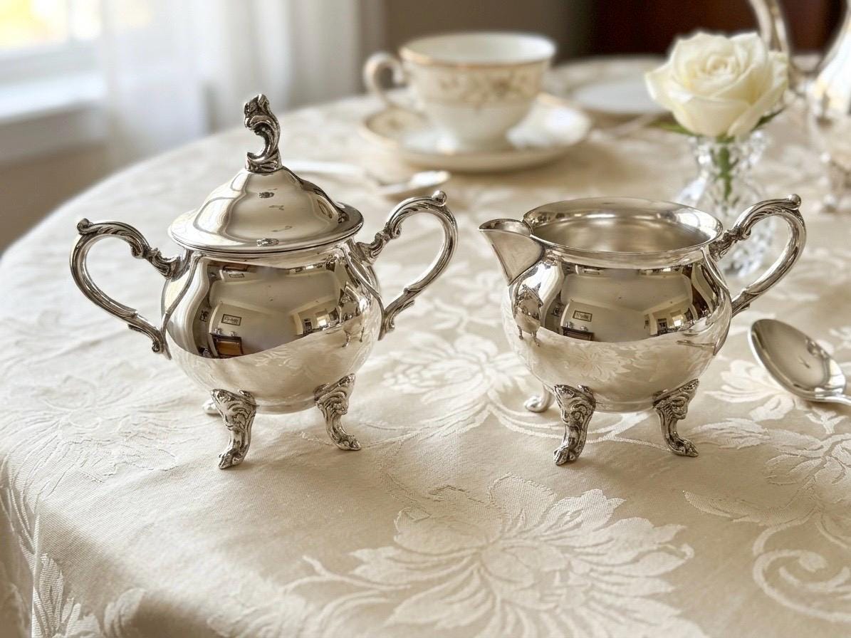 Vintage Silverplate Creamer Sugar Set – Ornate Victorian Mid-Century Styles