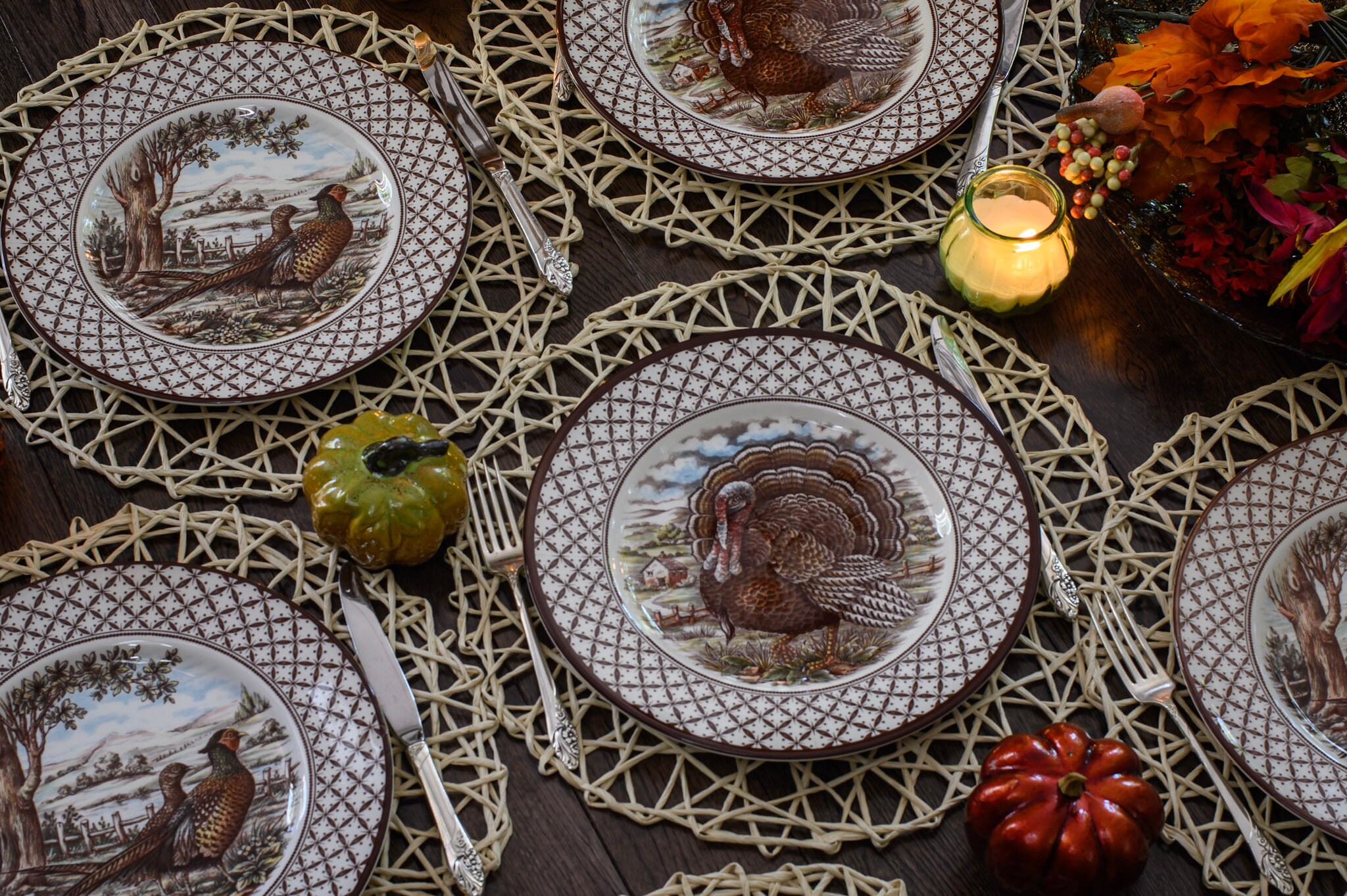 New Transferware Fall Thanksgiving Theme - Dinner Plates 11” - Chantilly Royal Stafford - Made in England