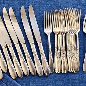 May include: A collection of silver-toned stainless steel flatware consisting of five dinner knives and ten forks. Each piece features a smooth, polished finish on the upper section and a decorative embossed floral pattern on the handle base.