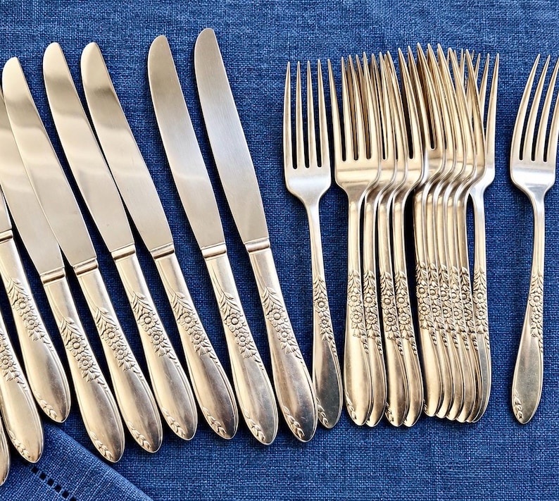 May include: A collection of silver-toned stainless steel flatware consisting of five dinner knives and ten forks. Each piece features a smooth, polished finish on the upper section and a decorative embossed floral pattern on the handle base.