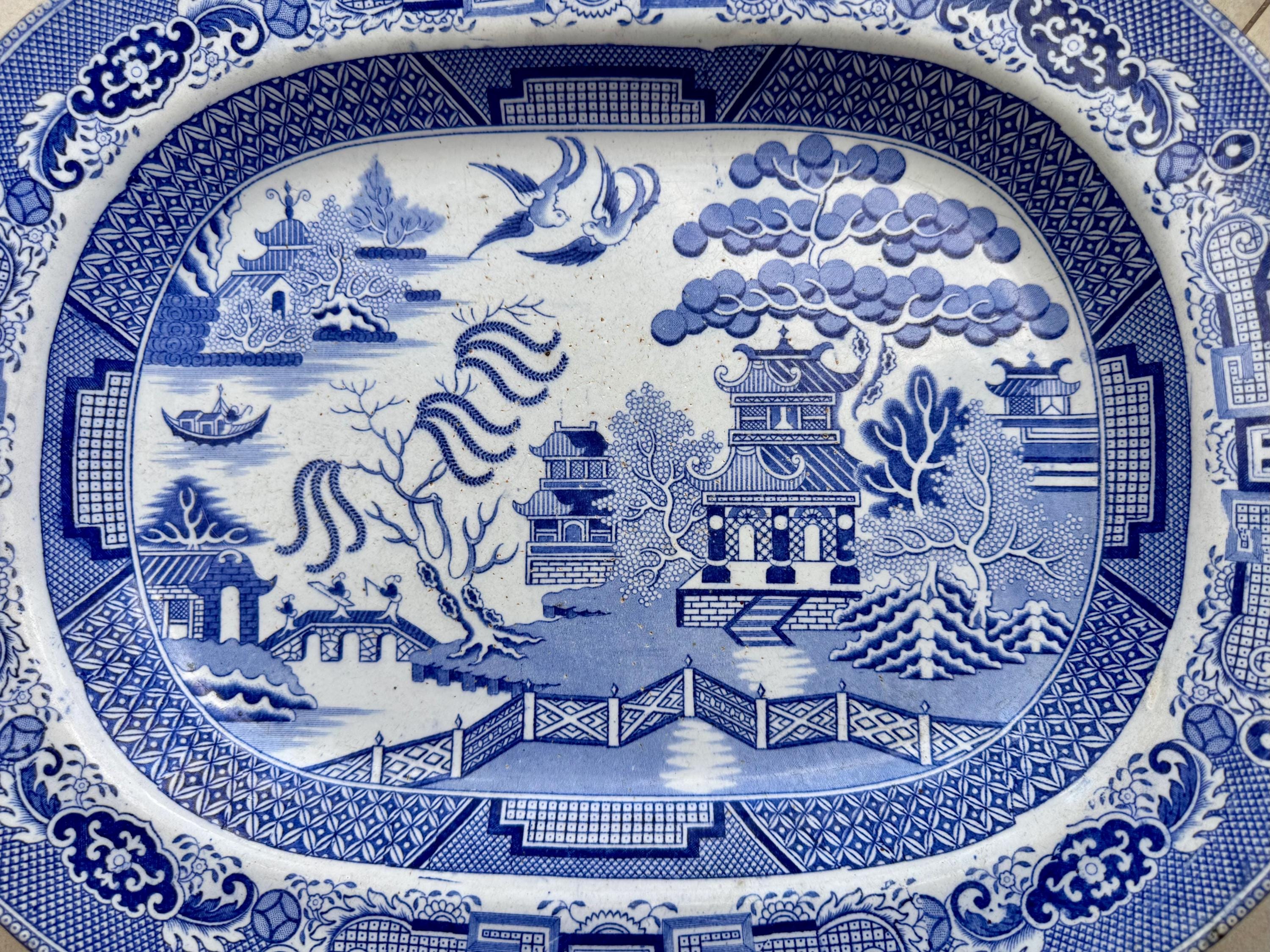 Antique M.T. & Co. Blue Willow Stoneware Platter – England, Circa Mid-19th Century