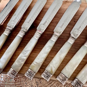 Gorgeous Rare Vintage Mother of Pearl Silver Plated Fish/Fruit/Serving Knives - Elegant Silverplate Set of 10 with Ornate Engravings