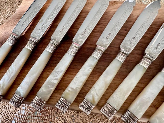 Vintage Mother of Pearl Silverplate Knives: Engraved Elegant Set of 10