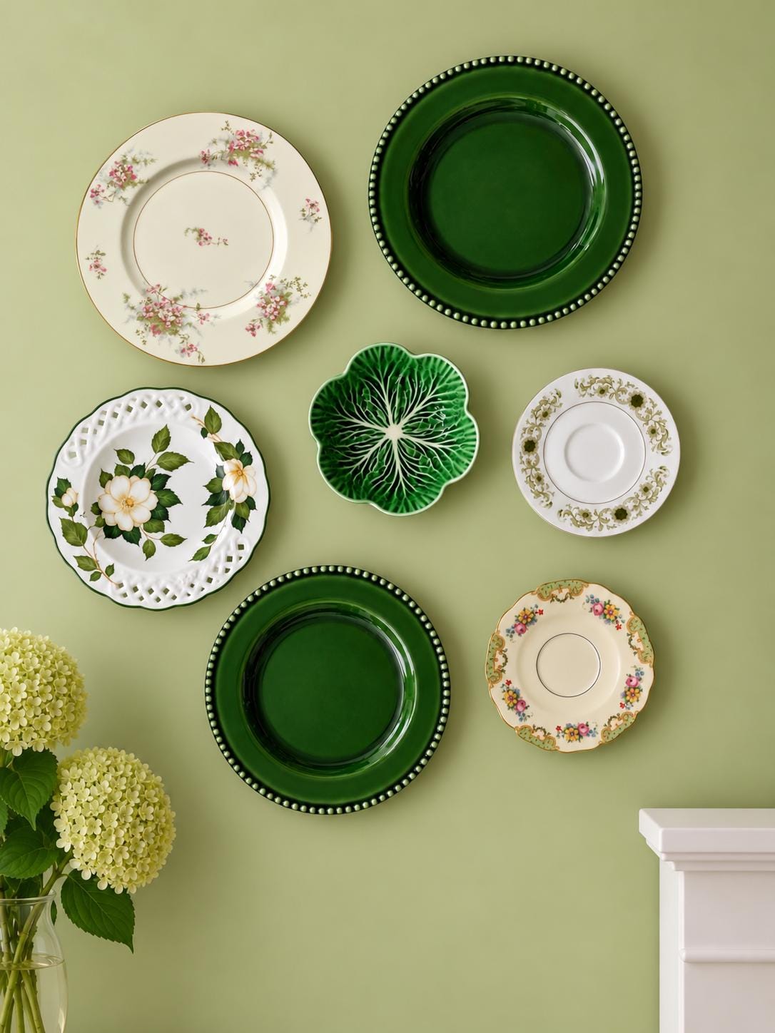 Curated Vintage Green Wall Gallery – Set of 7 Decorative Plates