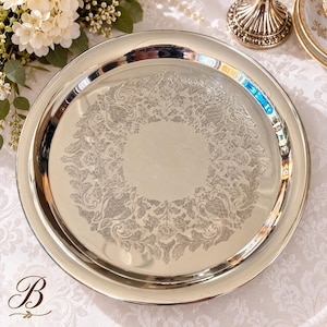 Vintage Silver-Plated Round Tray Collection – Ornate Etched Designs & Classic Makers – Sold Individually B. Vict. Footd 13.5”