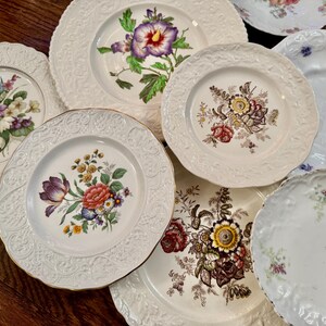 May include: A collection of seven ceramic plates featuring various floral patterns, including depictions of purple hibiscus, mixed wildflowers, and roses. Each plate has a white base with embossed decorative rims and scalloped edges.