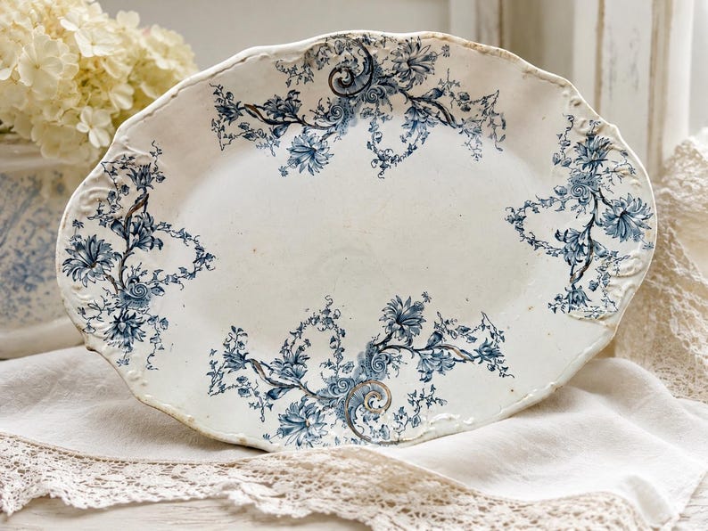 Antique English Platters — Ridgway Alexis or Losol Ware Shrewsbury — Rare Teal Transferware — England C. Conway 17”