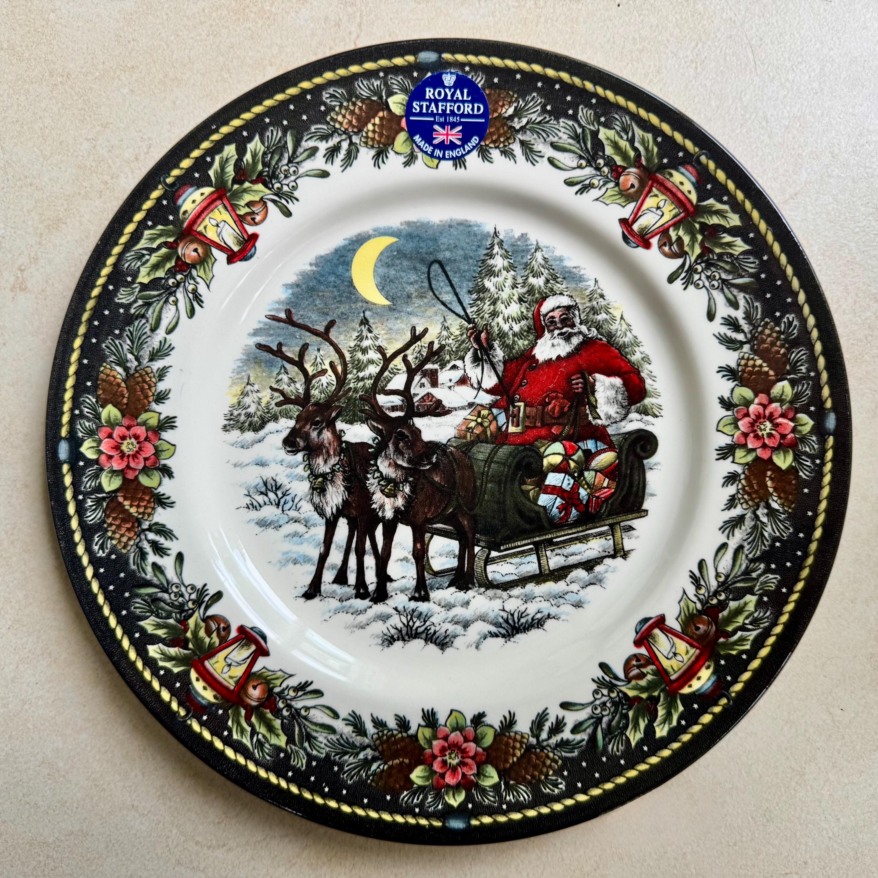 Vintage Style Transferware - Dinner Plates 11” - Royal Stafford England - Christmas Eve Santa